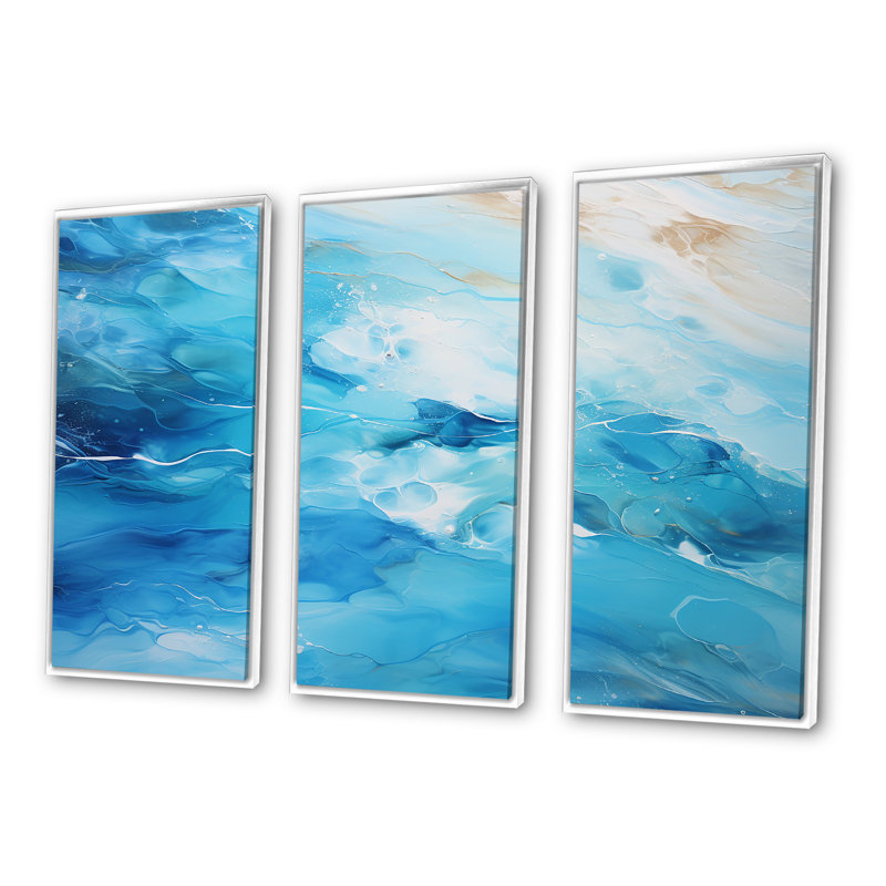 «Azure Blue Lagoon Horizon - Coastal Waves», ensemble de reproduction d'art mural, Cadre flottant blanc