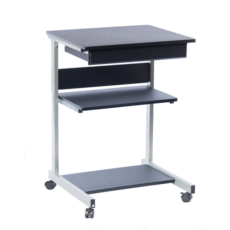 Small Black Rolling Laptop Cart with Drawer and Shelves