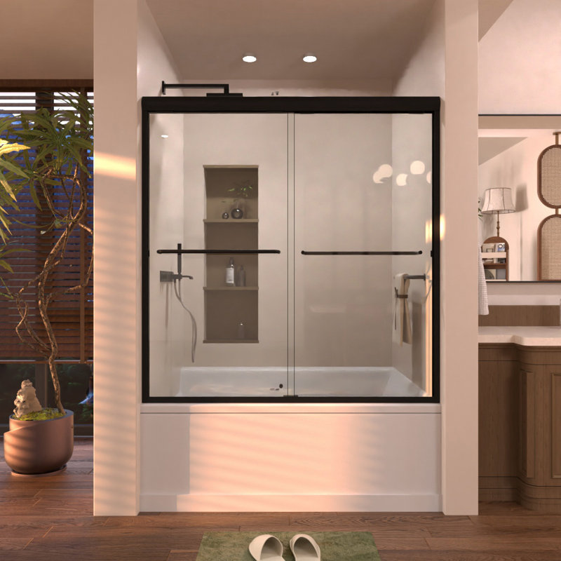 Porte de baignoire coulissante semi-sans cadre l 60 po x H 56 po au fini noir mat avec verre transparent, Noir mat
