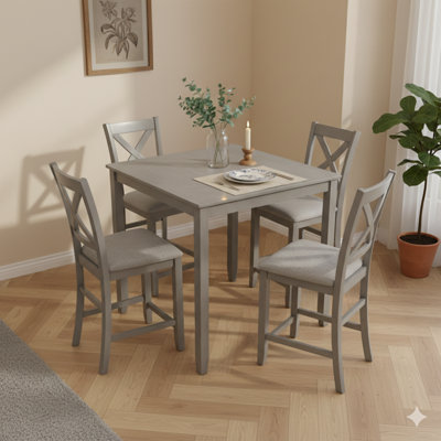 Ensemble de table de salle à manger 5 pièces, ensemble de table de salle à manger carré en bois pour 4 personnes, ensemble de table de cuisine à hauteur de comptoir avec table carrée et 4 chaises rembourrées pour un espace limité, finition grise