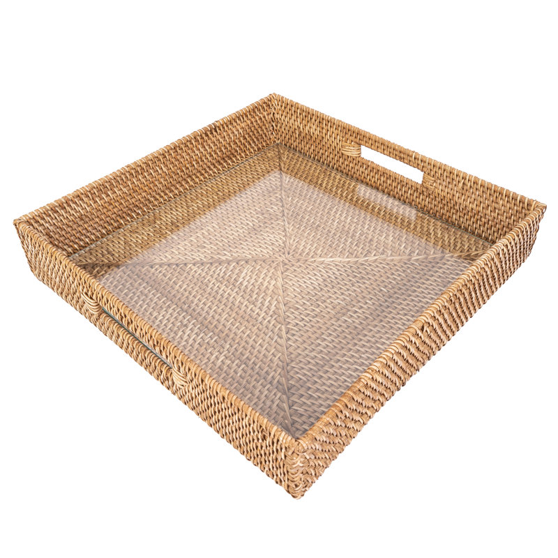 Plateaux de repose-pieds carrés avec insert en verre, Brun miel, L 16 po x P 16 po x H 3 po