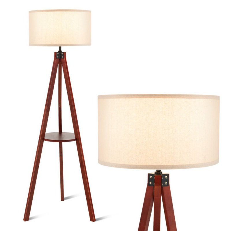 Brown Rubber Wood Tripod Floor Lamp with Linen Shade and Shelf