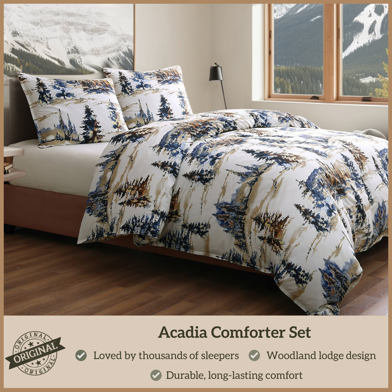 Acadia White Blue Copper Forest Print Cabin Lodge Rustic Cotton Comforter Set, King Comforter