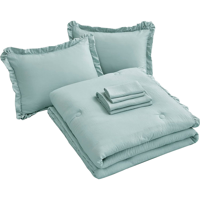 Ruffled Edge Microfiber Bed in a Bag Comforter Set, Aqua, Queen Comforter + 6 Additional Pieces