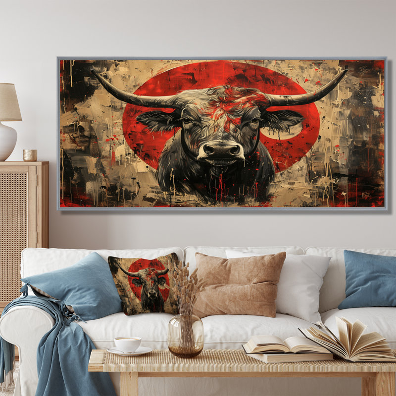 Taureau rouge, astrologie, taureaux courages - bovins, art mural, H 28 po x l 60 po, Encadrement argenté