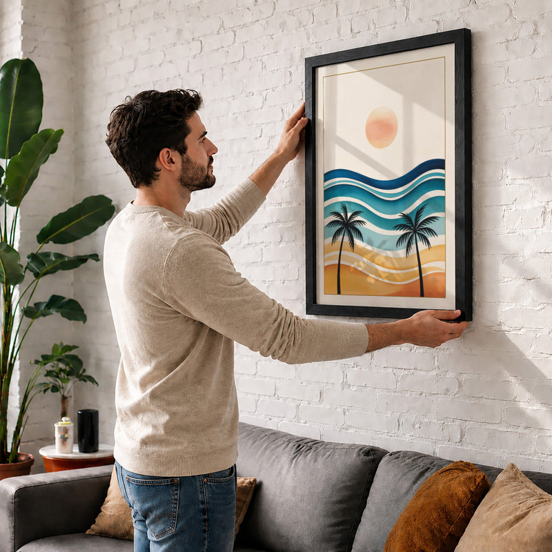 Tropical Sunset Palms Coastal - Framed Print, A4 - 29.7 x 21.0 cm, White