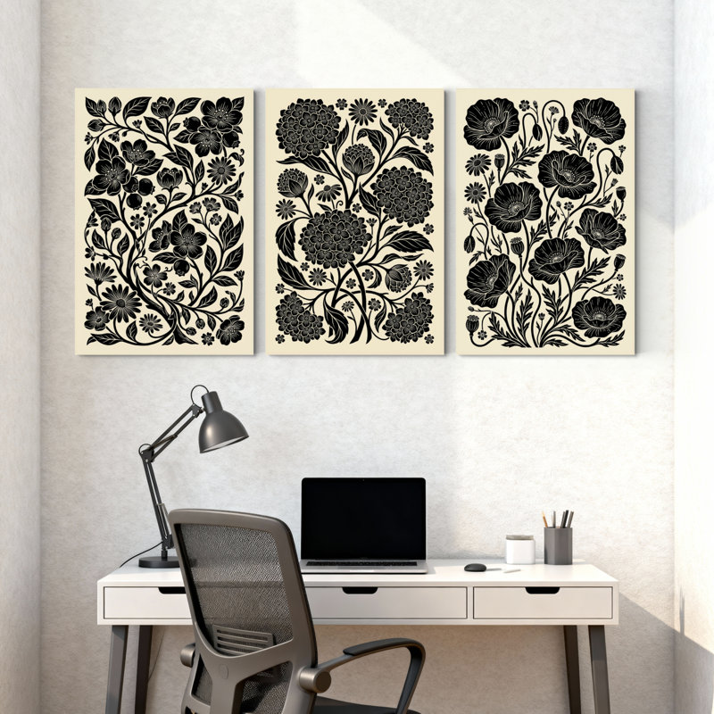 Plantes et fleurs, motif floral noir sur fond crème, ensemble de 3 impressions murales sur toile, H 36 po x l 72 po