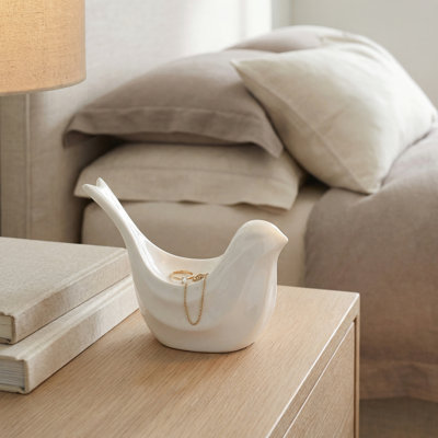 White Ceramic Bird Catchall Dish Decorative Accent Bowl for Jewelry, Keys, and Small Accessories