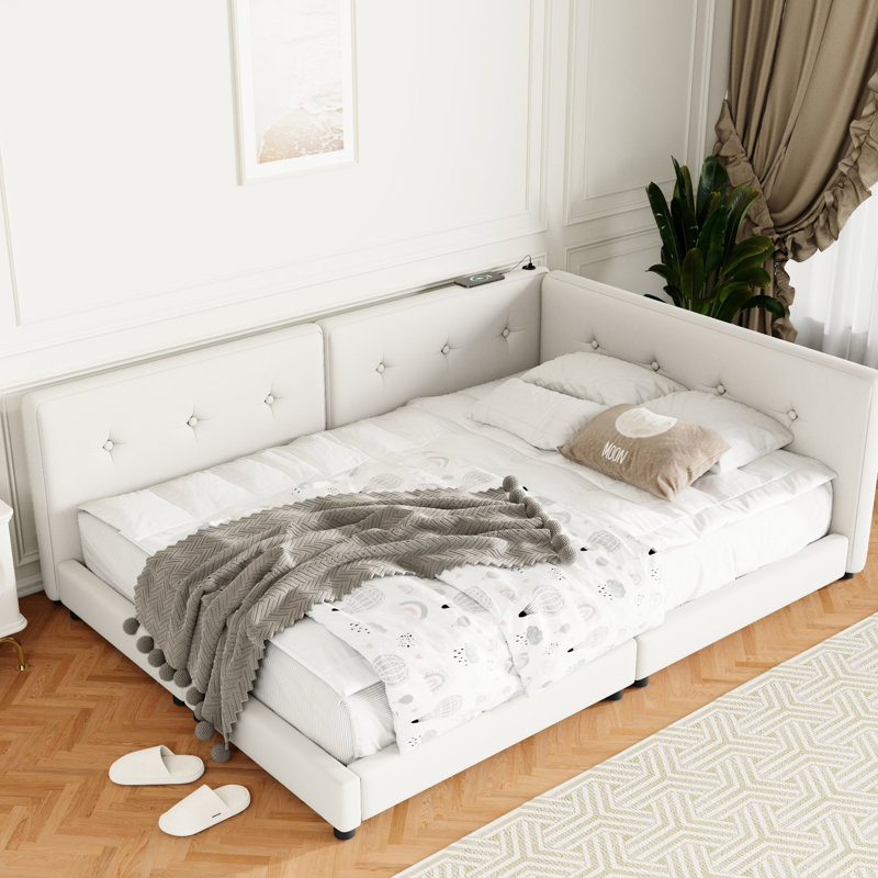 Grand lit plateforme tapissier avec structure stable et beige, Grand lit, Beige