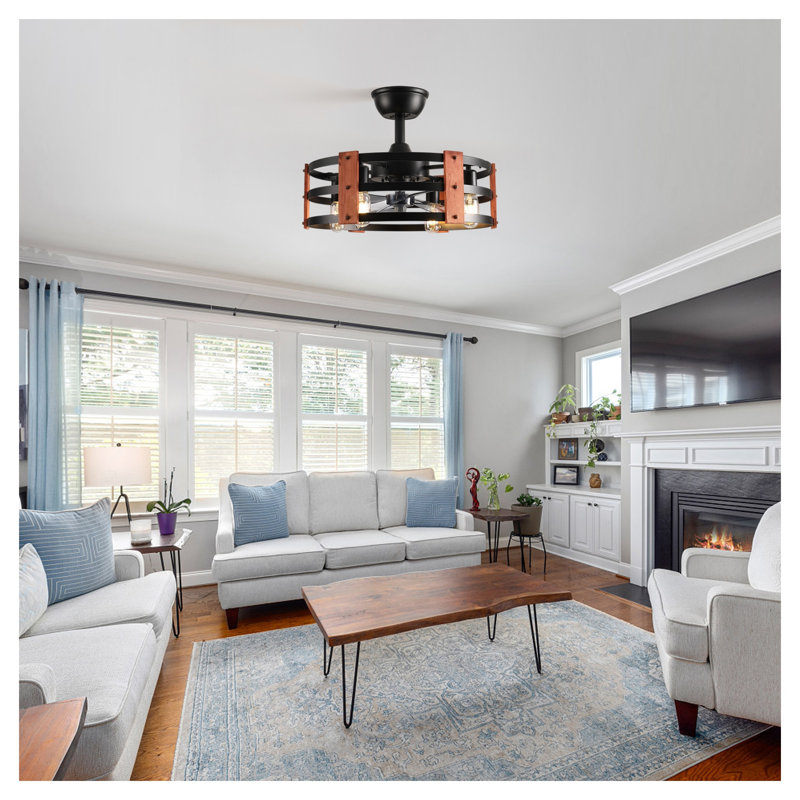 Ventilateur de plafond moderne de 19 pouces avec ensemble d'éclairage, moteur réversible à 3 pales, finition noire et bois foncé pour le salon, la chambre à coucher ou la cuisine