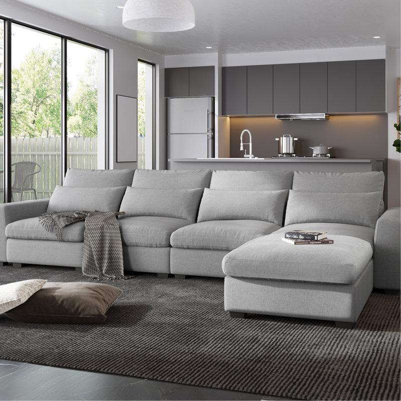 Canapé modulaire contemporain en chenille avec méridienne réversible et coussins élégants en forme de L pour le salon - revêtement gris