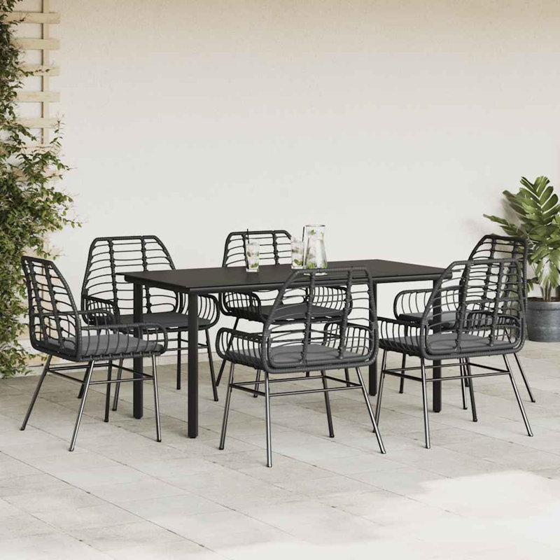 Ensemble repas de patio avec coussins en verre et poly rotin, 6, H 29,1 po x l 31,5 po x L 63 po, Noir / Noir