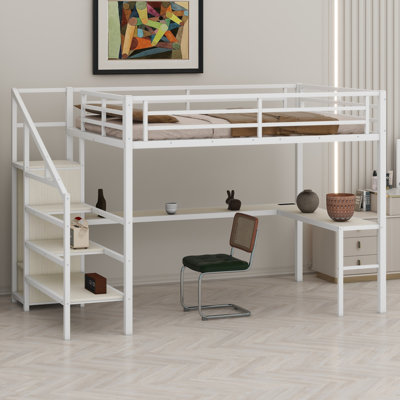 Metal Loft Bed With L-Shaped Desk And USB, Wardrobe And  Shelf, High Loft Bed With LED For Kids Teens Adults