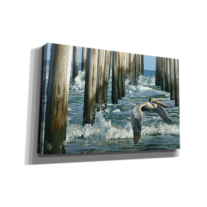 «Fishing Pier» - pélican sur toile par Mark Mueller, reproduction d'art animalier, H 26 po x l 40 po x P 1,5 po