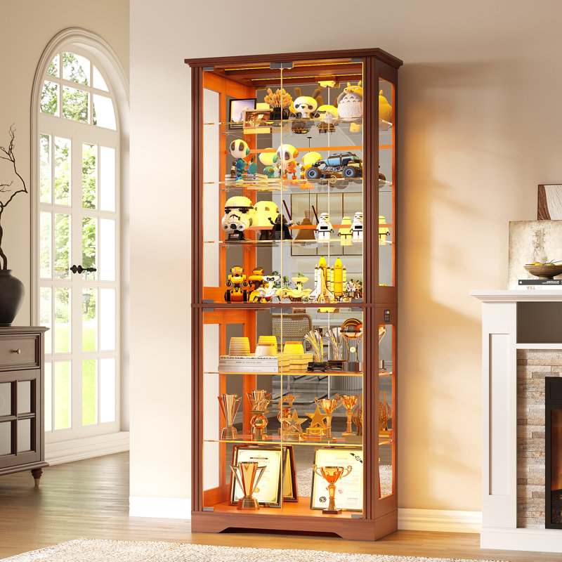 Vitrine à 7 niveaux avec tablettes réglables, lumières RVB, capteur de mouvement et panneau arrière de miroir, Brun