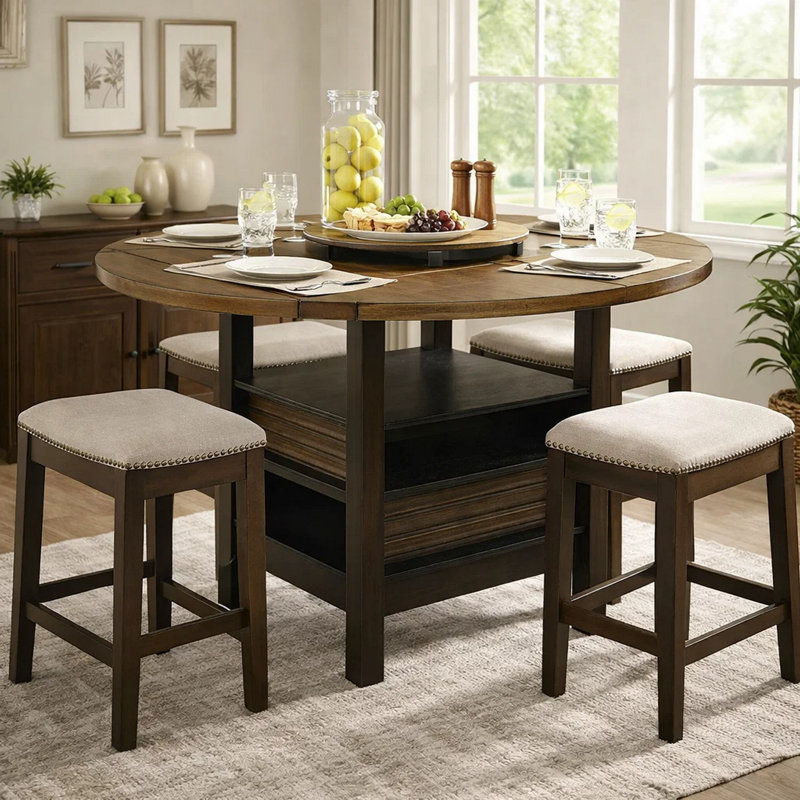 Table à hauteur de comptoir Kimberly avec plateau tournant, 5 tablettes, noir, brun cuit