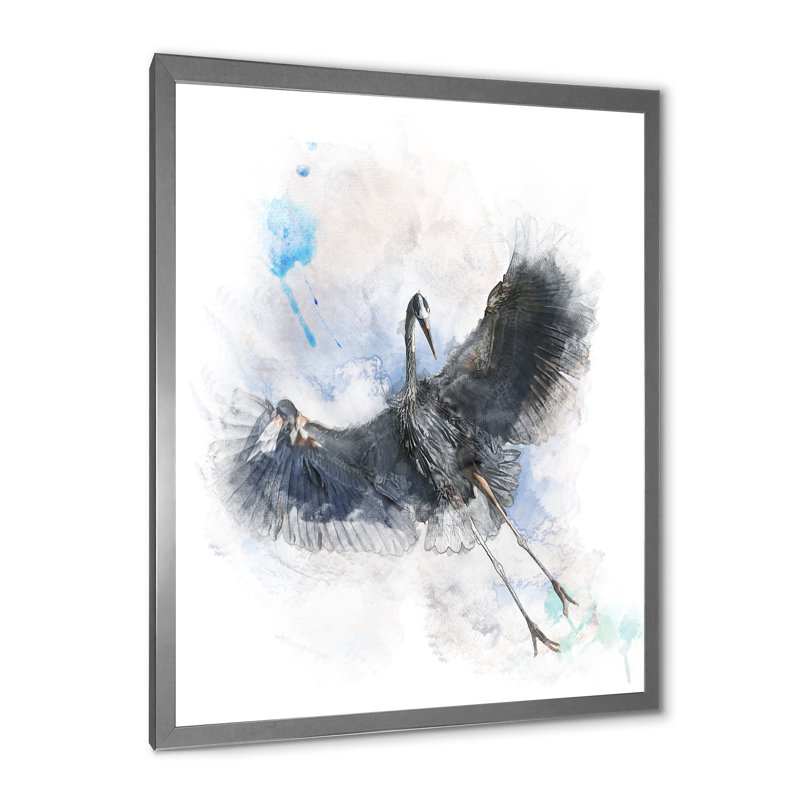 Great Blue Heron Bird - Peinture sur toile encadrée, H 32 po x l 24 po x P 1 po, Encadrement argenté