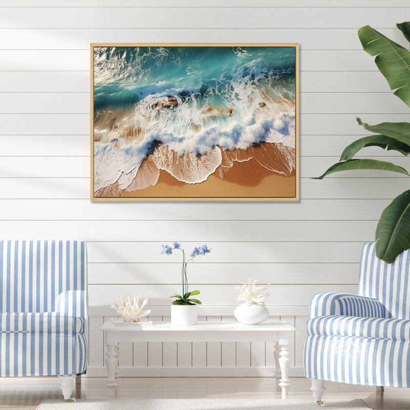 Ciel bleu ciel, vagues côtières III - art mural plage, Cadre flottant brun, H 30 po x l 40 po x P 1,5 po