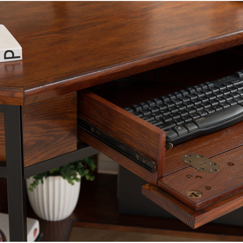 Ironcraft Solid + Manufactured Wood Corner Computer Desk in Burnished Mission Oak