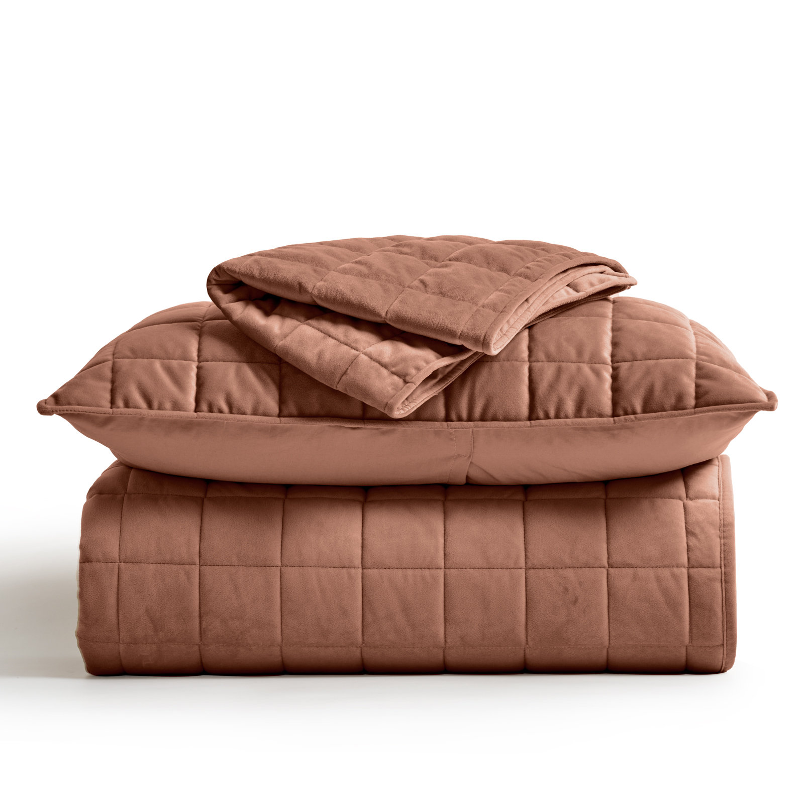 Box Stitch PearlVelvet Quilt set, King Quilt + 2 King Shams, Terracotta Clay