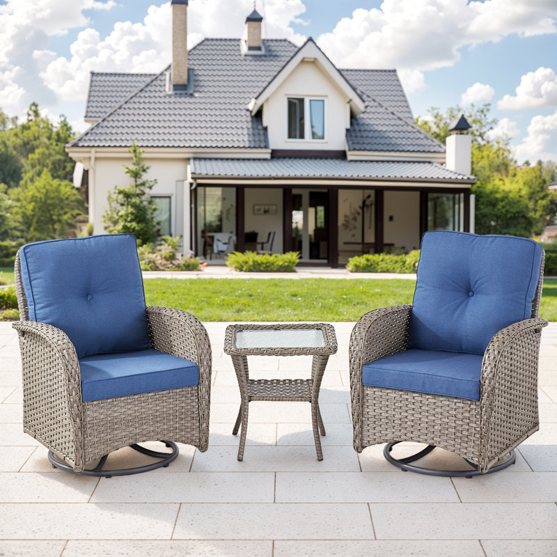 Ensemble de meubles de patio 3 pièces Valierius avec coussins et table d'appoint en osier, Bleu, Gris