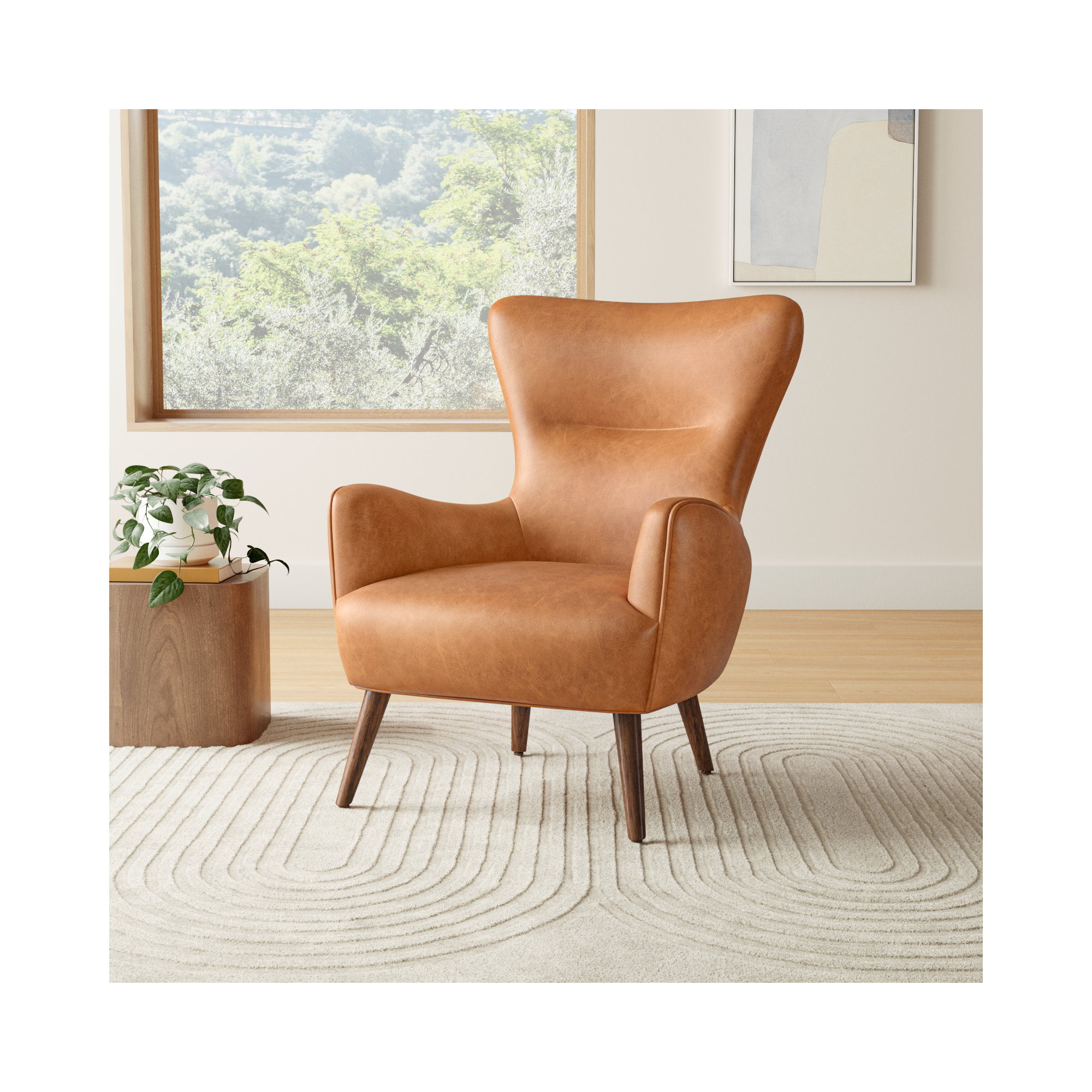 Apollo Genuine Leather Wingback Lounge Chair, Cognac Tan Genuine Leather