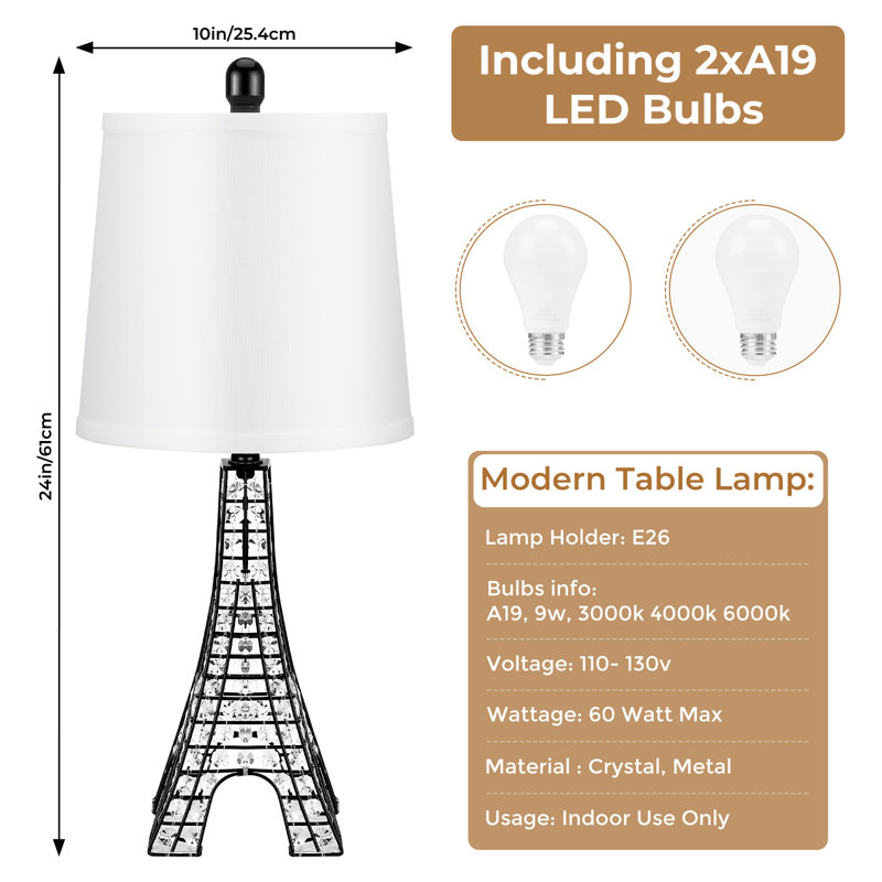 Khrysten 24" Modern Table Lamp Paris Tower Base with 3-Color Temperature Bedside Table Lamp (Bulbs Included), Black