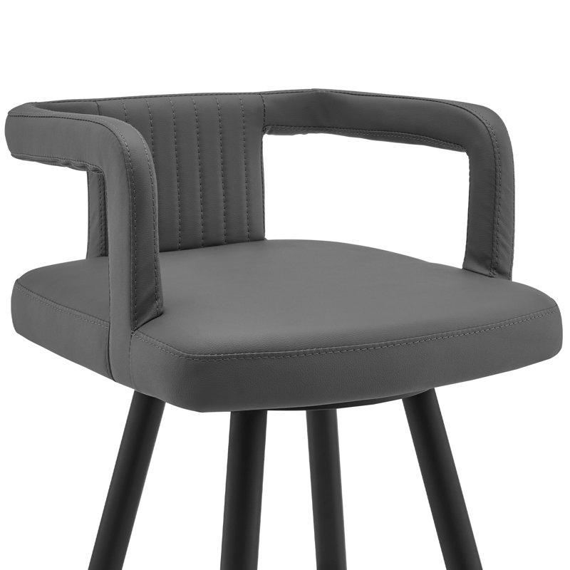 Tabouret de bar gris en similicuir de 30 po avec métal noir, fonction pivotante à 360 degrés, siège à dossier ouvert, coussins rembourrés de mousse, repose-pieds pour le soutien et la mobilité, style, structure stable remplie