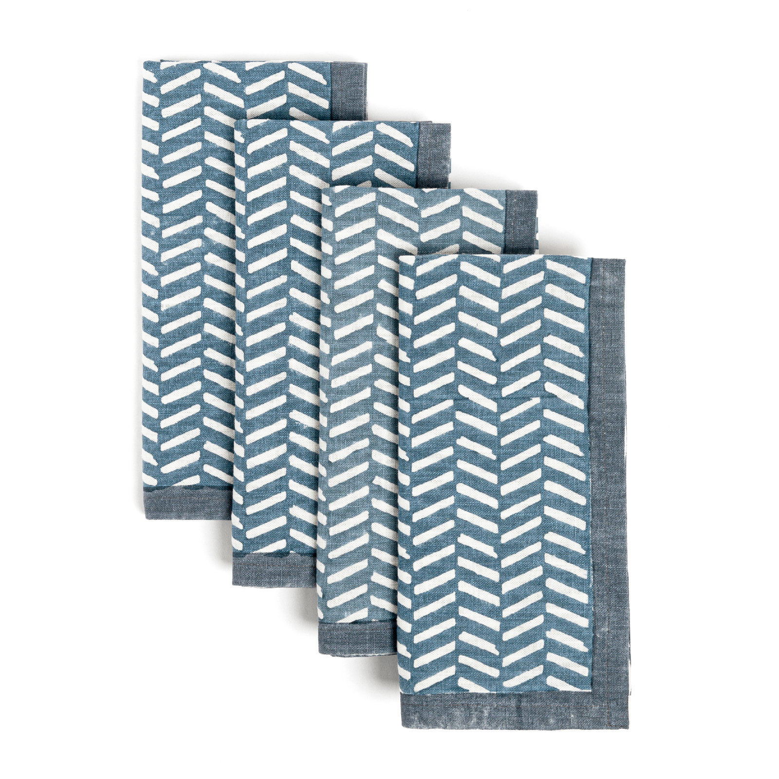 over&back Hand-Blocked Napkins, Set of 4, Blue Herringbone