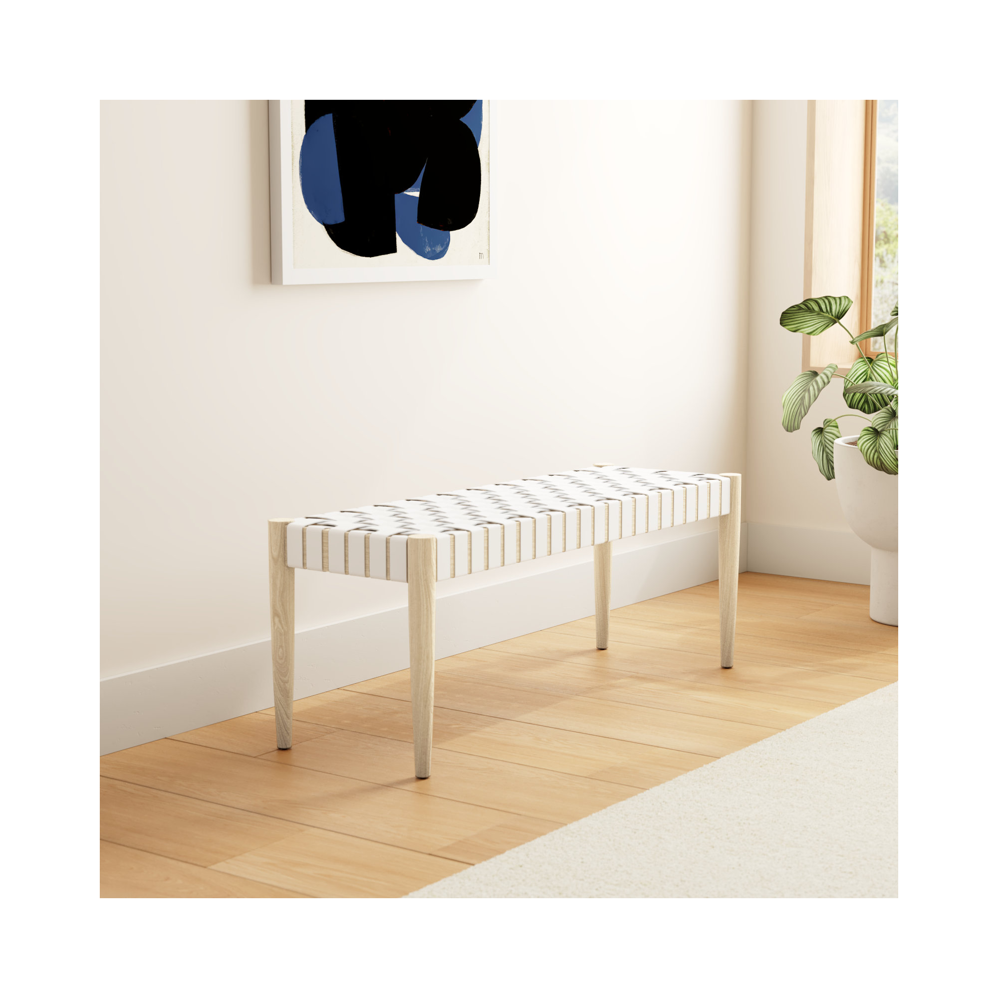 Orin 47" Woven Leather Bench, White