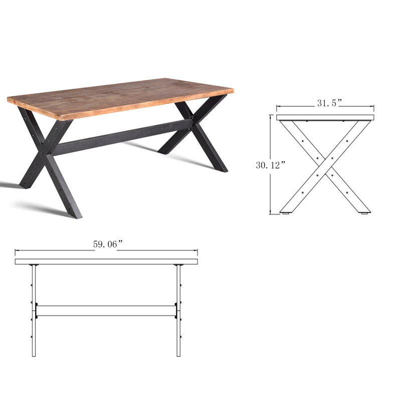Raihan Pine Solid Wood Top Metal Base Dining Table, 31.5" L x 59.06" W