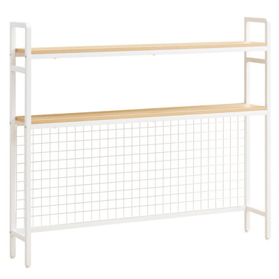 Desktop Bookshelf 3-Tier Countertop Storage Hutch with Grid White, Metal Frame and Wooden Shelf, Desk Hutch Storage Organizer for Dorm, Home, Office, Featuring Non-Slip Feet Pads
