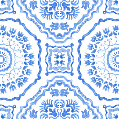 Indigo Blue Damask 1 Piece Wrapped Canvas Wall Art