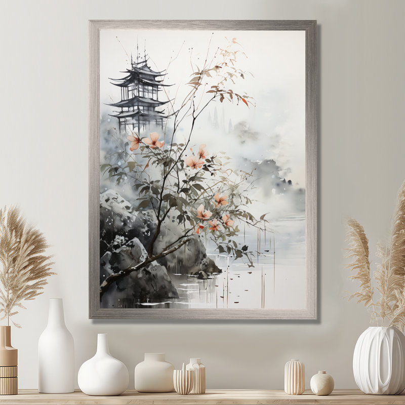 Art asiatique, oiseau Sumi, sérénité - impression, H 32 po x l 16 po x P 1 po, Cadre flottant brun