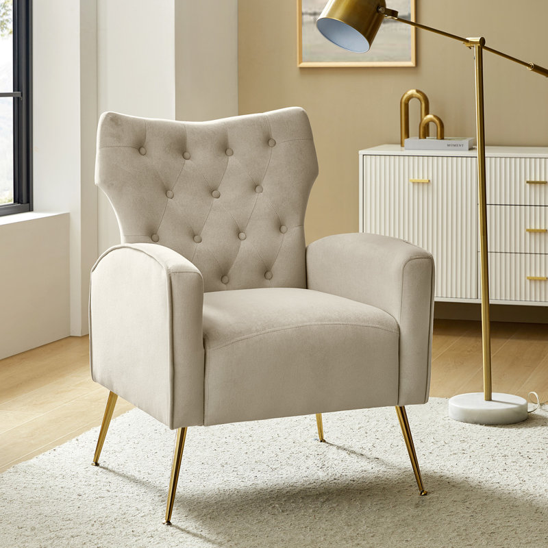Consolata 37" H Velvet Wingback Chair with Button Tufting and Metal Legs, Tan Velvet