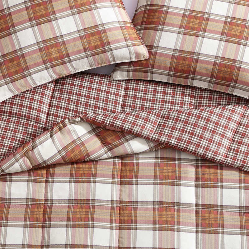 Textured Plaid Eddie Bauer Plaid Down Alt Reversible Red Comforter Set, King Comforter + 2 King Shams