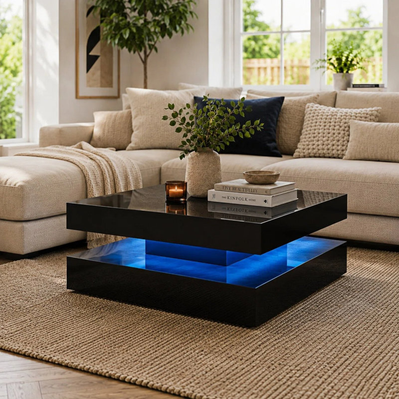 Charvez Square High Gloss LED Coffee Table with Open Storage, High Gloss Black, 40cm H x 78cm W x 78cm D