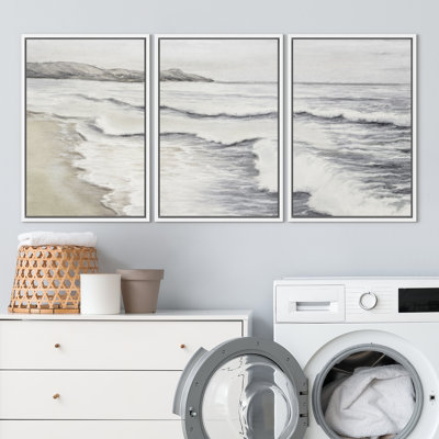 Coastal Beach Ocean Waves Muted Relax Calm Seascape Home Decor - Framed Canvas Print Wall Art Work