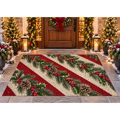 5' x 7' Outdoor Area Rug Candy Cane Stripe Pine Berry Christmas Heavyweight Waterproof PVC Coil Loop Carpet, Heavy Duty Patio Rug, Quick Dry Indoor Outdoor Mat for Porch Entryway Large Doorway