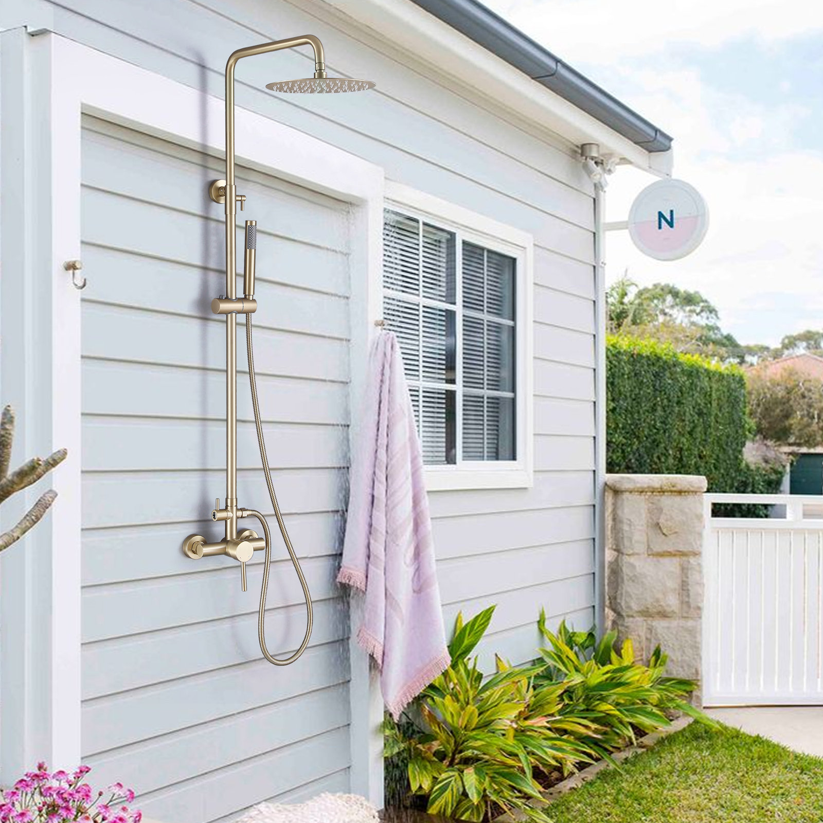 Wall Mount Outdoor Shower with Handheld, Brushed Gold
