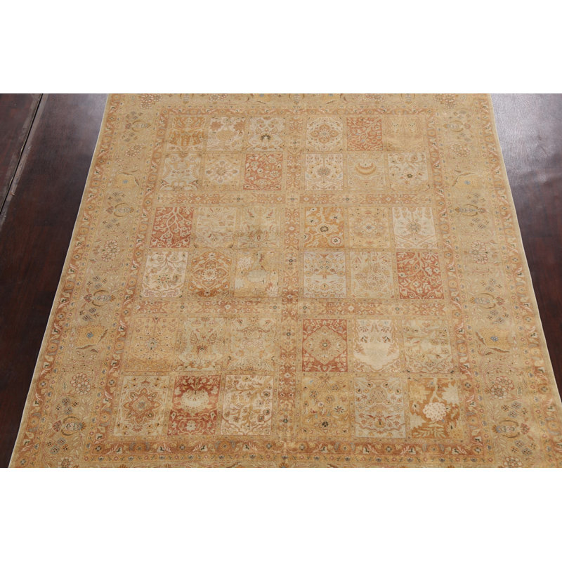 Tapis beige en laine noué à la main de conception unique 8 pi 2 po x 9 pi 10 po New Age
