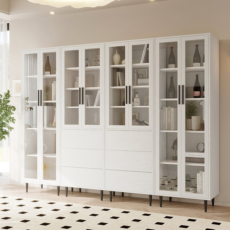 94.4" W Glass Book Cabinet Storage Bookcase, White