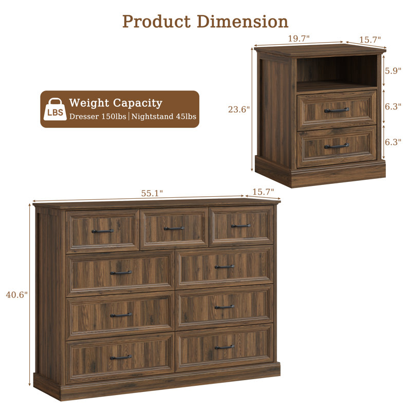 Ensemble de chambre à coucher 3 pièces, commode 9 tiroirs et 2 tables de chevet avec tiroirs, Chêne