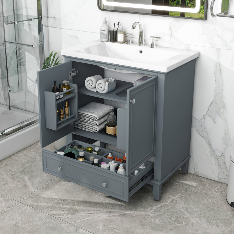 Ensemble de meuble-lavabo 30 po avec lavabo - Armoire multifonctionnelle avec tablette réglable, support de porte, tiroir, structure en bois massif et fabrication en bois aggloméré
