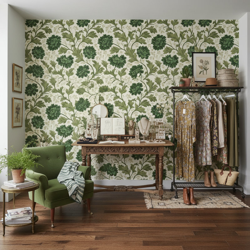 Papier peint floral, décoration murale rétro verte