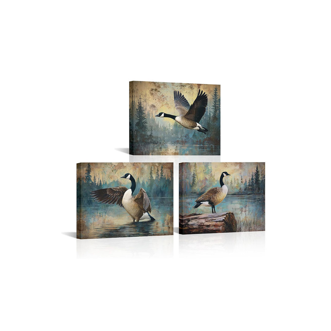Duck Wall Art Hunting Painting Pictures Print On Canvas Vintage Farm Animal Artwork for Lake House Farmhouse Cabin Decor 12x16inchx3Pcs