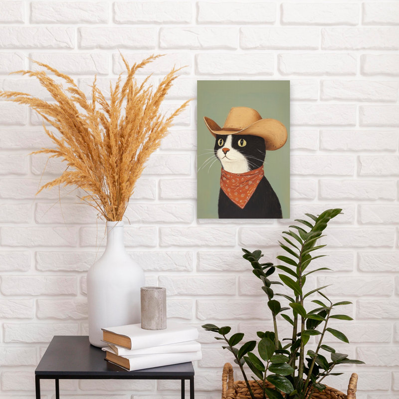 Cowboy Cat Rustic Contemporary Cat Portrait Wall Art Print 1 Piece Wrapped Canvas Wall Art, 45.72cm H x 30.48cm W