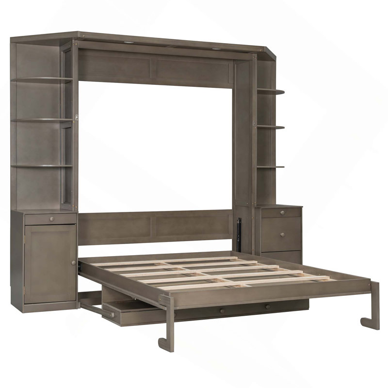 Grand lit escamotable mural avec bureau, tablettes de rangement et armoires pour un bureau à domicile peu encombrant, Grey
