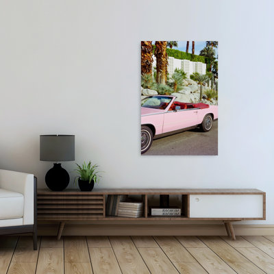 «Rose convertible», désert, classique, moderne, rétro, palmier, cactus, paysage, art mural d'été
