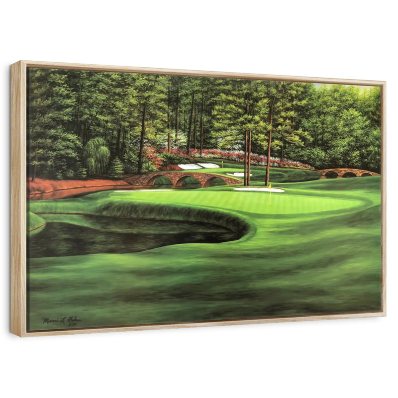 Augusta National 11th Hole I, Floating Frame Natural Wood, 13" X 9"